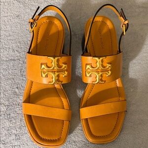 Tory Burch Orange Leather Logo Slingback Sandals with Gold Emblem